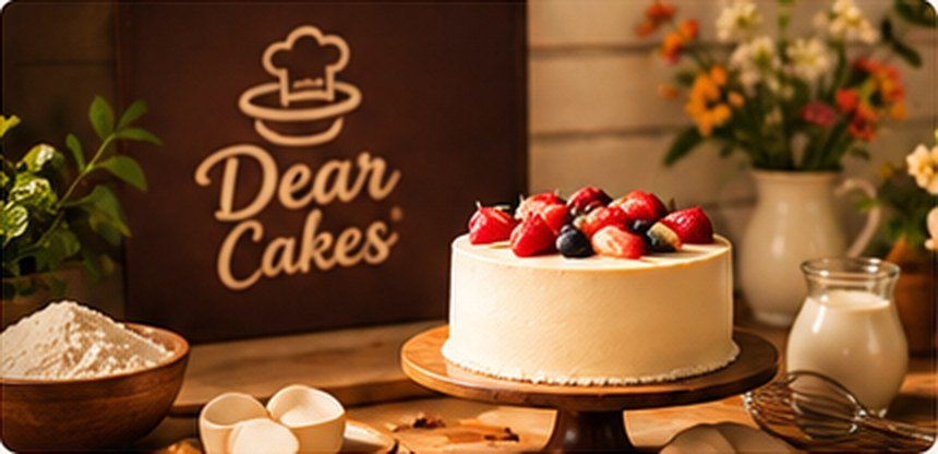 Dear Cakes bakery with fresh cake and baking ingredients